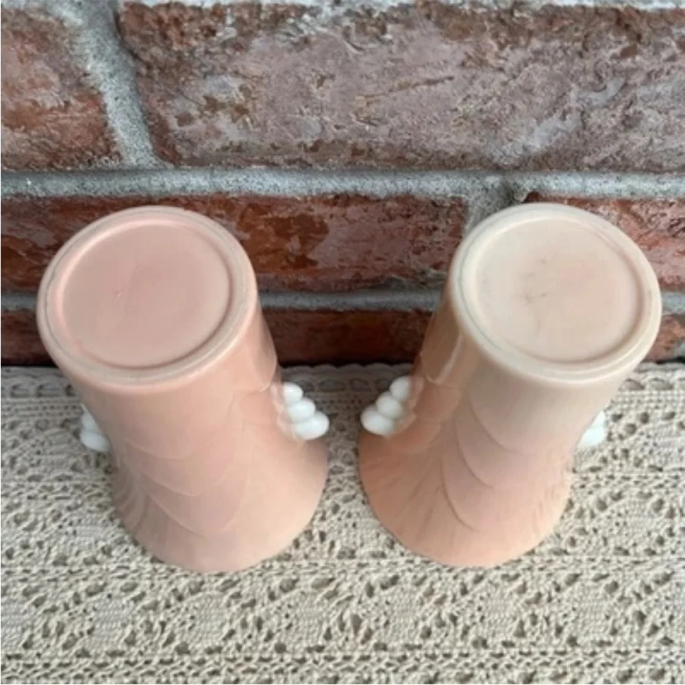 Vintage Anchor Hocking Fired On Pink Vitrock Scalloped Art Deco Style Vases